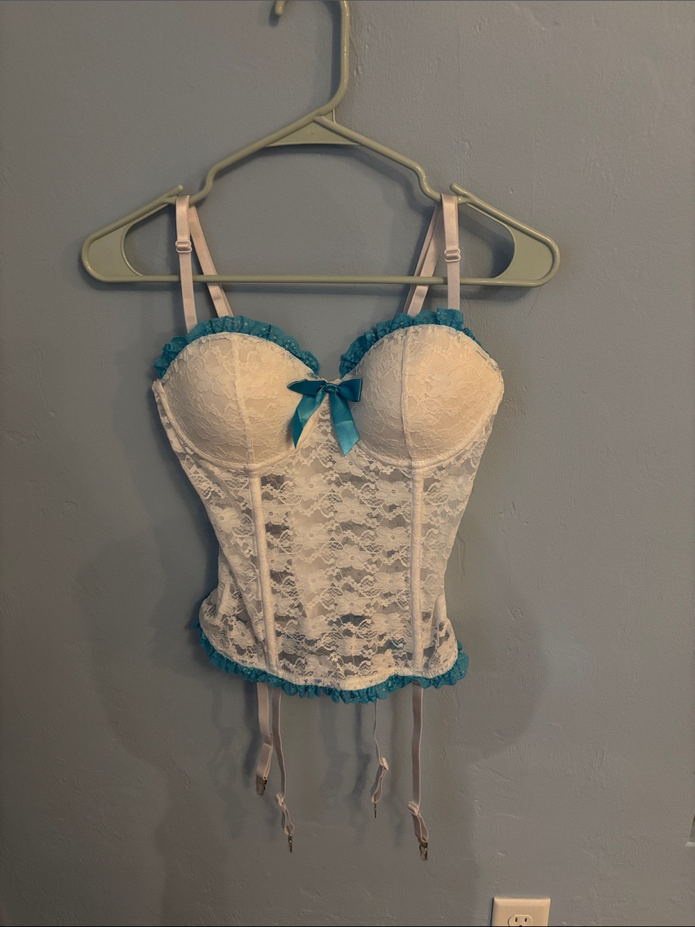 White & Blue Lace Bustier with matching Thongs- Size S/M